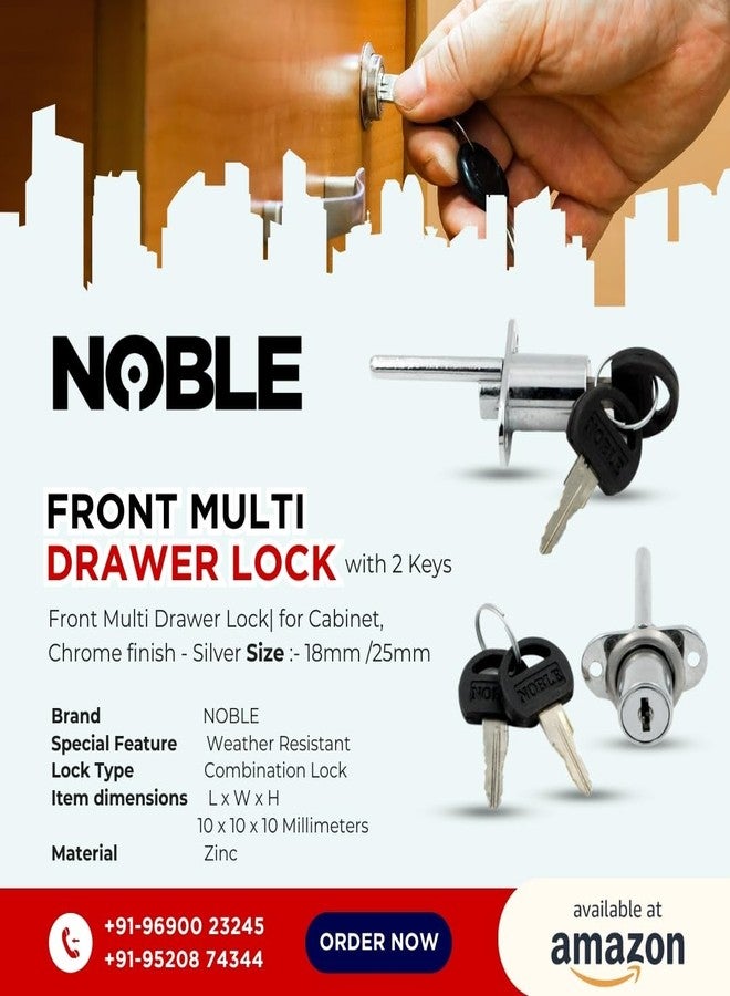 NOBLE Pedestal Lock with 2 Keys |Front Multi Drawer Lock| for Cabinet 25MM, Chrome finish - Silver - Image 4